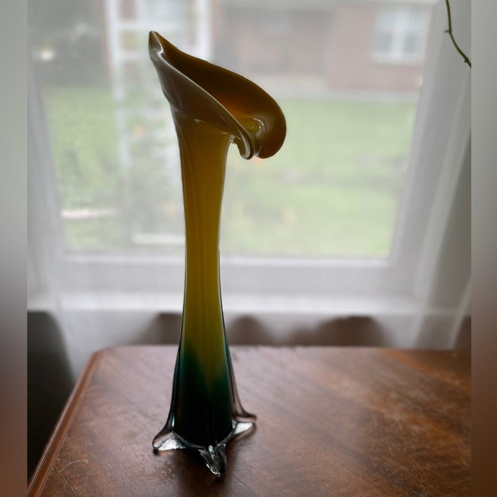 Hand Blown Jack In The Pulpit Calla Lily Art Glass Vase 15.5" Ombre Yellow Teal‎ - Picture 8 of 12